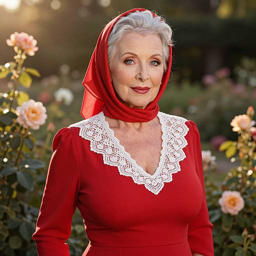 Photograph of an elderly woman with short white hair, wearing a red dress with white lace collar and red headscarf, standing in a sunlit