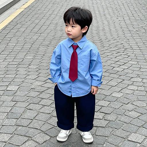 Boy in Blue Shirt and Red Tie