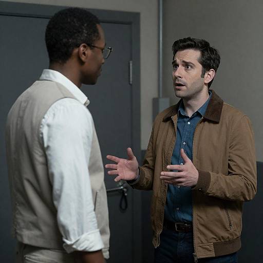 Two Men in Dim Industrial Hallway