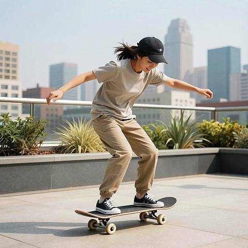 Rooftop Skateboarder Overlooking Sunny Skyline