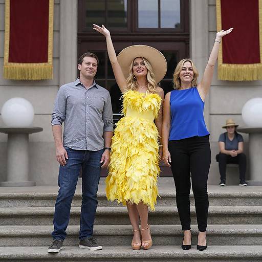 Stylish Trio Posing on Stone Steps