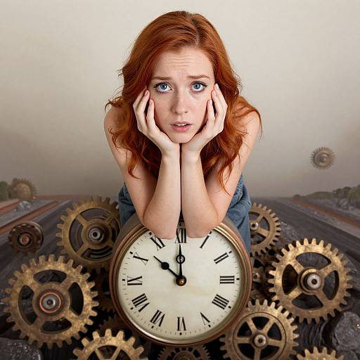Photograph of a red-haired woman with blue eyes, hands on her face, leaning over large clock gears and cogs, with a blurred industrial background