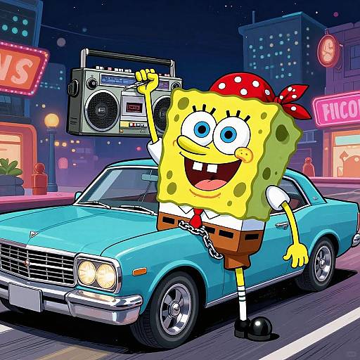 Digital cartoon of SpongeBob SquarePants, wearing a red bandana and white shirt with brown shorts, standing by a blue vintage car with a boom