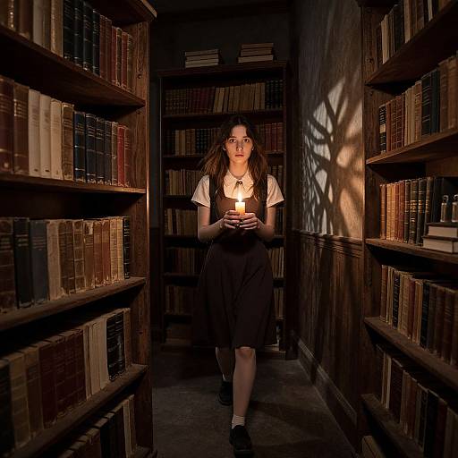 Photograph of a young woman with long brown hair, wearing a white shirt and black skirt, holding a lit candle in a dimly lit, narrow
