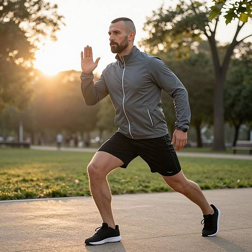 Photograph of a muscular, bearded man with medium skin tone, wearing a gray zip-up shirt, black shorts, and black sneakers, running and