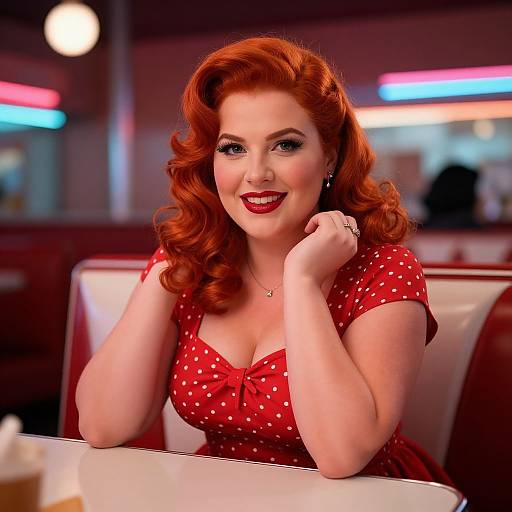 Photograph of a smiling, red-haired woman with curled hair, wearing a red polka dot dress, seated in a retro diner.