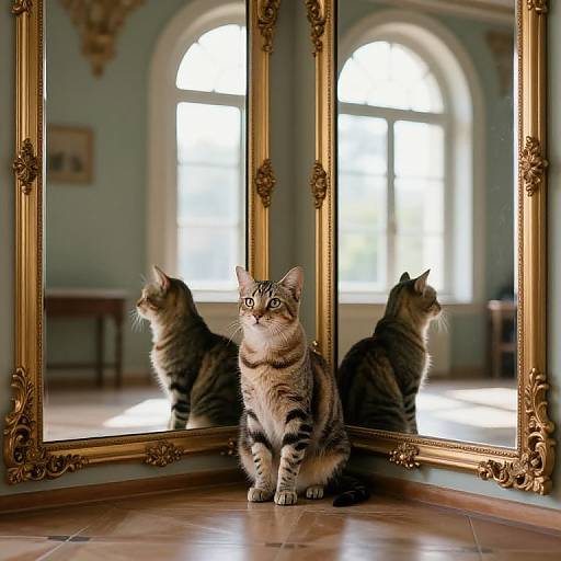 Photograph of a striped tabby cat sitting on a wooden floor, facing a large ornate gold-framed mirror reflecting its image, in a sun