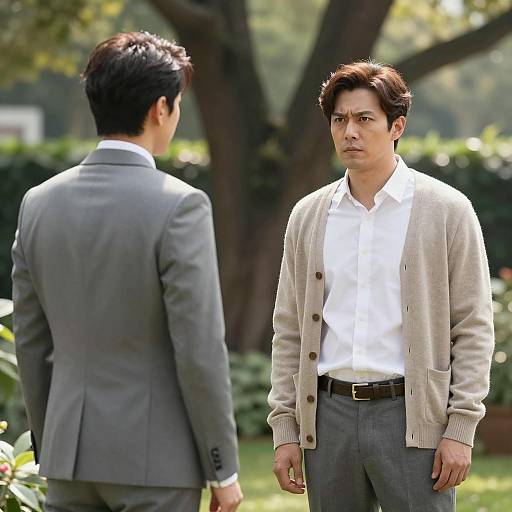 Two Men in a Lush Garden Setting