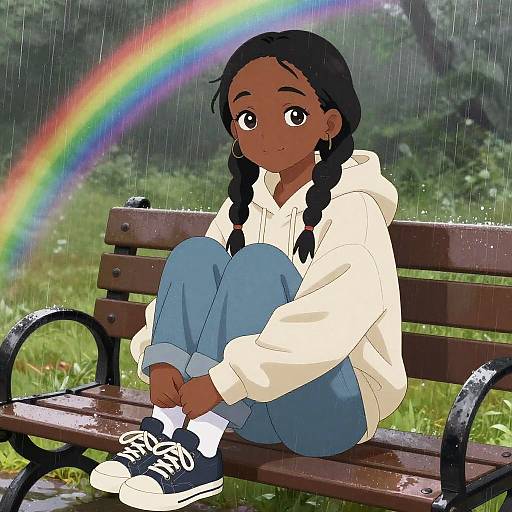 Digital anime-style drawing of a black girl with braided hair, wearing a white hoodie, blue jeans, and black sneakers, sitting on a bench in