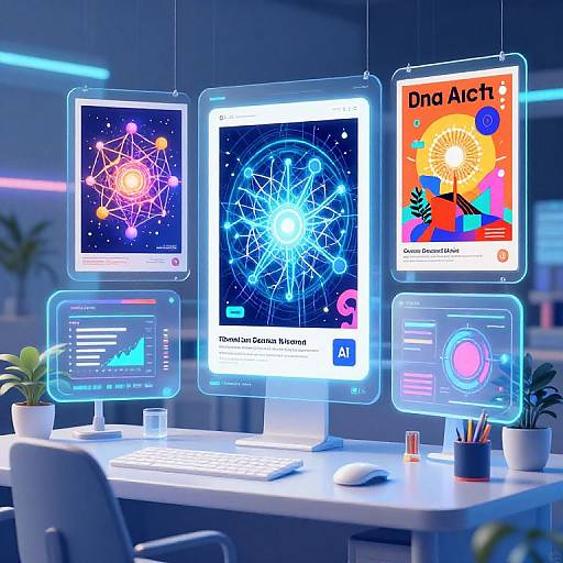 Digital art of a futuristic desk with glowing neon screens displaying fractals, data charts, and abstract art, surrounded by potted plants.