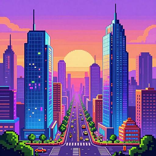 Futuristic Pixel Art Cityscape at Sunset
