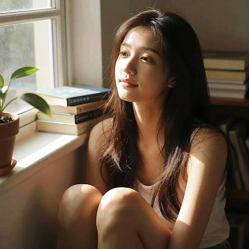 Woman Sitting by Cozy Sunlit Window