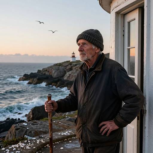 Photograph of an elderly man with gray beard and knit hat, holding a cane, standing by a coastal lighthouse at sunset.