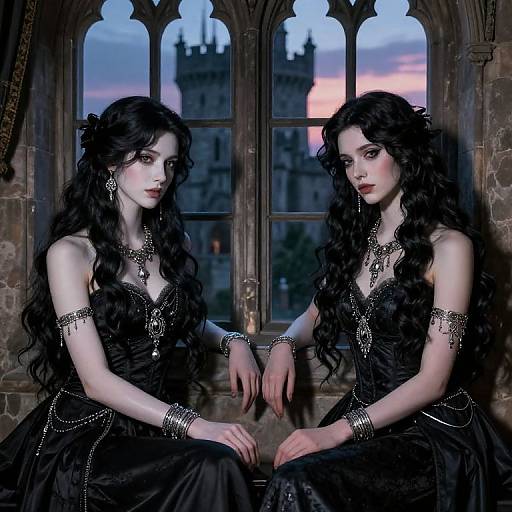 Digital art of twin gothic women with long black curly hair, wearing black lace dresses, silver jewelry, sitting by a window with a castle and sunset