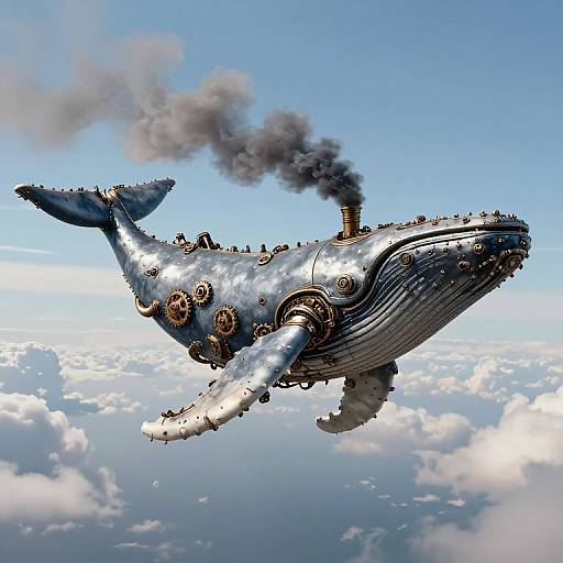 Steampunk-style, metallic blue whale aircraft with smoke, gears, and pipes flying above clouds, set against a bright blue sky. Photorealistic
