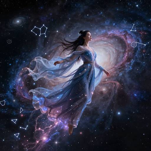Digital artwork of a celestial woman with long black hair, wearing a flowing blue dress, floating in a starry, galaxy-filled space, surrounded by glowing