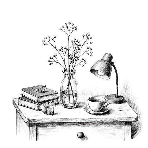 Whimsical Black-and-White Bedside Still Life