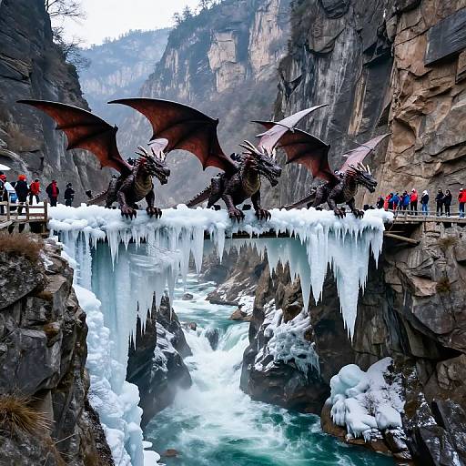 Photograph of two dark red dragons with large wings standing on a snowy, icy cliffside bridge, surrounded by people in winter clothes, with a roaring