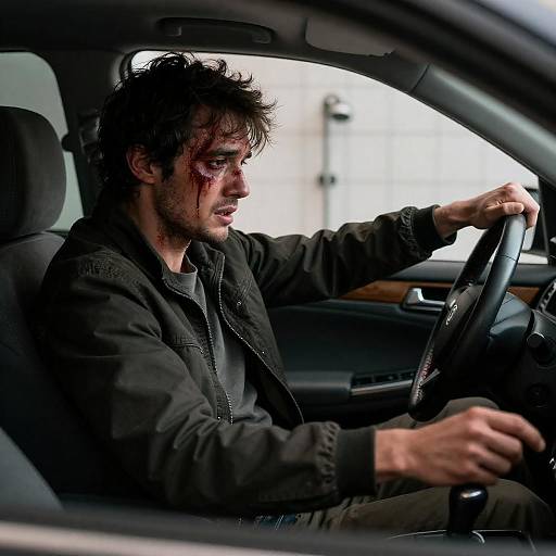 Distressed Man in Dark Car Interior