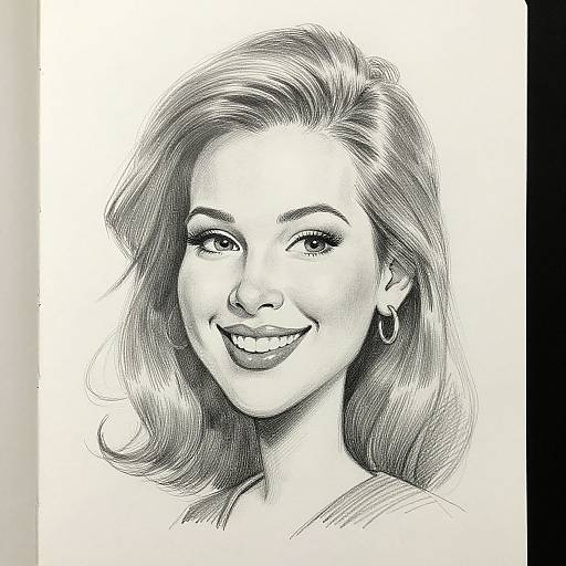 Detailed black-and-white pencil drawing of a smiling young woman with wavy hair, hoop earrings, and a confident expression.