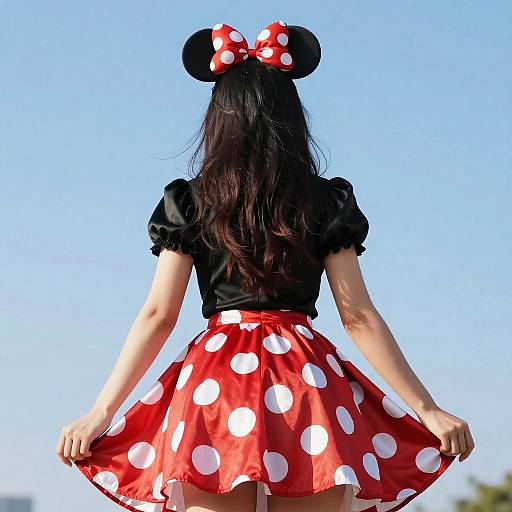 Photograph of a woman with long dark hair, wearing a black top, red polka dot skirt, and Minnie Mouse ears with a bow,