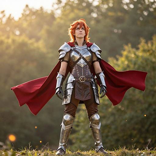 Photograph of a red-haired woman in silver armor with a red cape, standing confidently on grassy field, sunlight filtering through trees in the background.