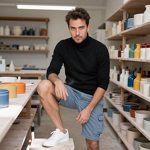 Photograph of a handsome, bearded man with short brown hair, wearing a black turtleneck and blue cargo shorts, standing in a pottery studio