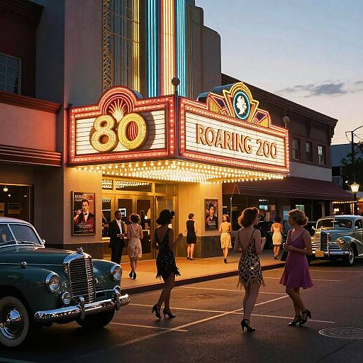 Photograph of a 1950s-style movie theater at dusk, with neon 