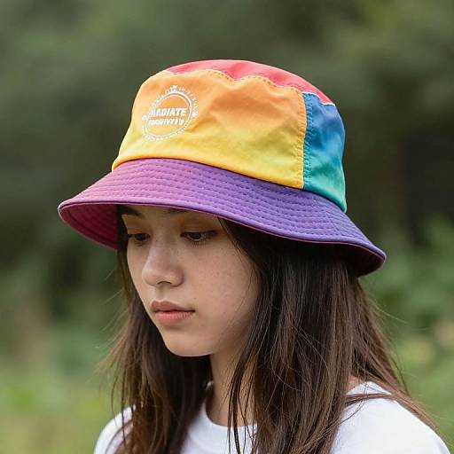 Photograph of a young girl with fair skin and dark brown hair, wearing a rainbow-colored bucket hat with a purple brim, and a white shirt