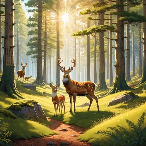 Deer Family in Sunlit Forest