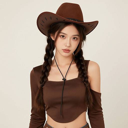 Photograph of an Asian woman with long black braids, wearing a brown cowboy hat, off-shoulder brown crop top, and necklace, against