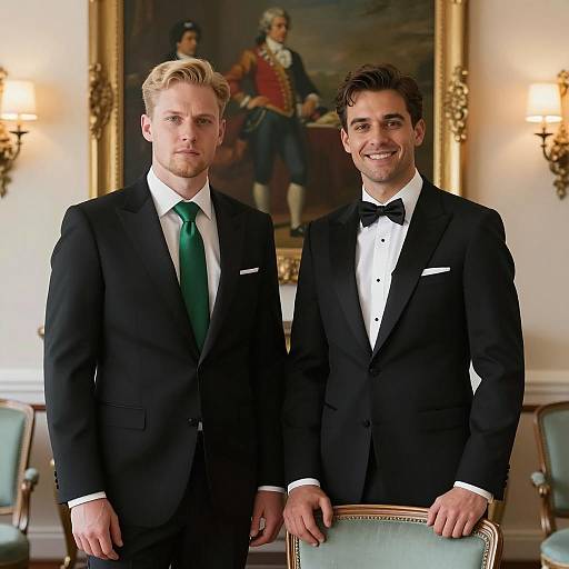 Elegant Duo in Tuxedos with Artwork