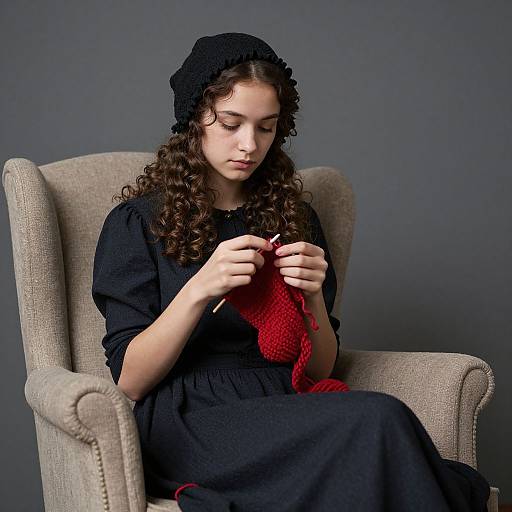 Photograph of a young woman with curly brown hair, wearing a black dress and lace cap, knitting red yarn in a beige armchair against a dark