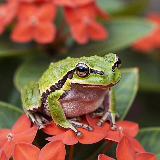 Photograph of a vibrant green frog with black eyes perched on bright red flowers, surrounded by lush green leaves.
