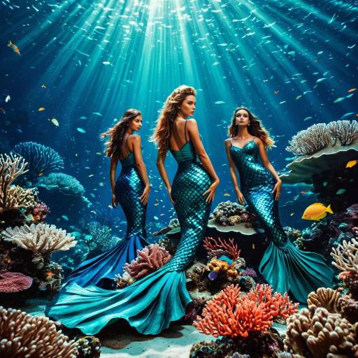Three mermaids underwater with sun rays