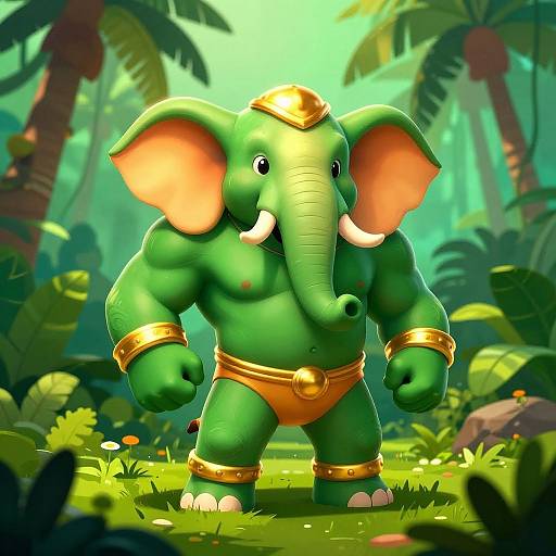 Cartoon Muscular Elephant in Jungle