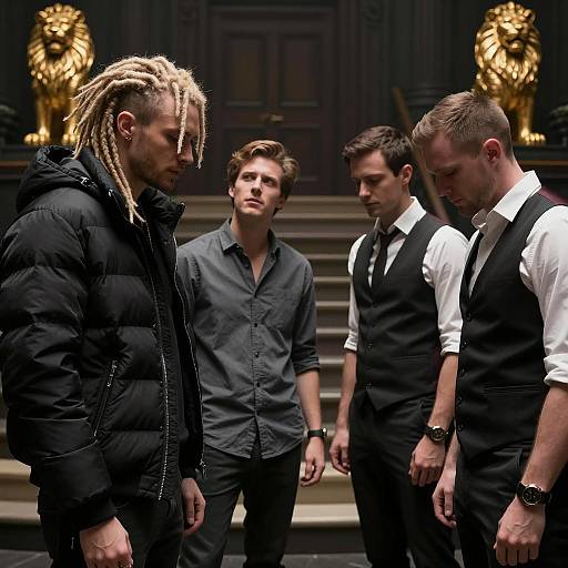 Four Men in Dimly Lit Room with Gold Lion Sculptures