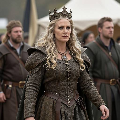 Photograph of a blonde woman with wavy hair, wearing a black medieval crown, intricately detailed dark dress, and cross necklace, standing among men