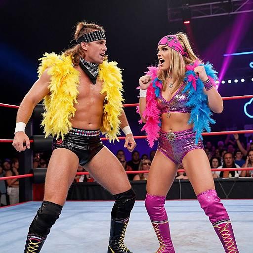 Photograph of muscular male and blonde female wrestlers in vibrant feather boas, sequin outfits, and thigh-high boots, mid-match in a brightly lit