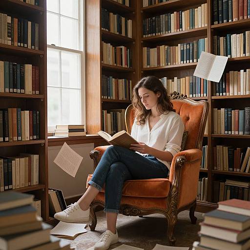 Photograph of a young woman with wavy brown hair, wearing a white blouse and blue jeans, reading a book in a sunlit library, surrounded