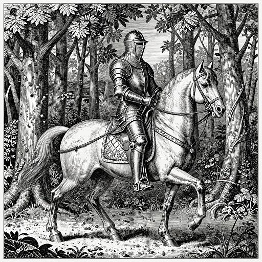 Black-and-white illustration of armored knight riding a white horse through dense forest, detailed with intricate line work and foliage.