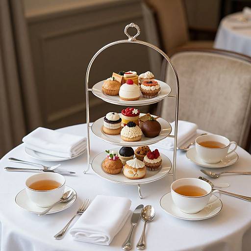 Photograph of an elegant tea table with a three-tiered stand of assorted pastries, two white teacups with tea, silverware, and