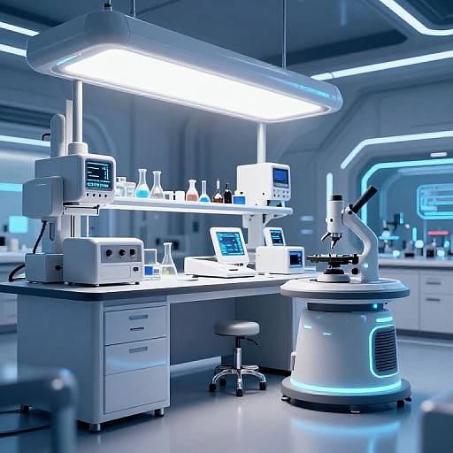 High-tech laboratory with a futuristic, white desk under a bright, rectangular light fixture, featuring a microscope, lab equipment, and glowing blue accents.