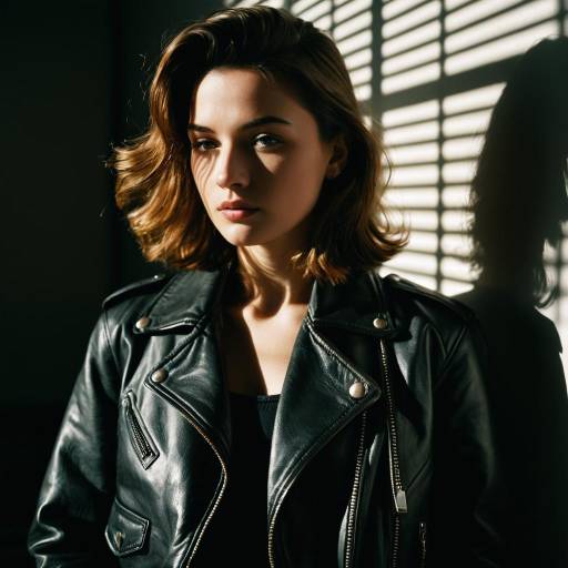 Young Woman in Leather Jacket with Dramatic Lighting