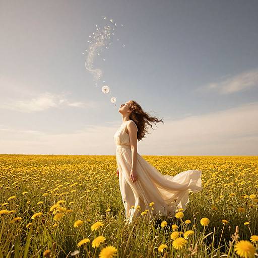 Photograph of a woman in a flowing white dress, blowing dandelions in a bright yellow daisy field under a clear blue sky.