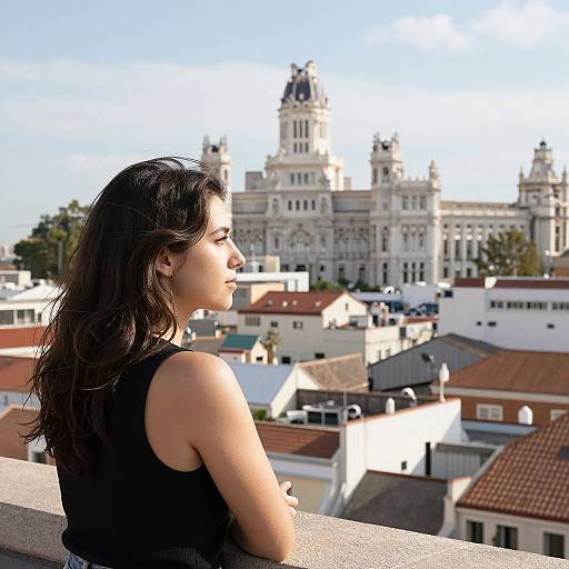 Photograph of a young woman with long black hair in a black sleeveless top, gazing at a sunlit, Gothic-style cathedral amidst a town