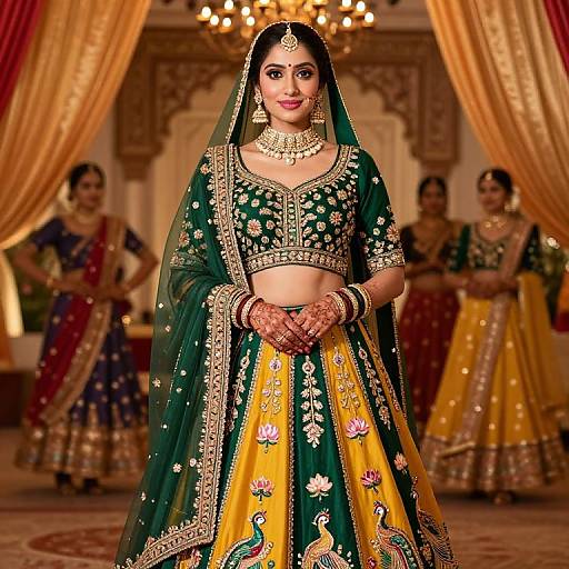 Photograph of a South Asian bride in a green and yellow traditional lehenga with peacock embroidery, standing center stage, adorned with jewelry, against a