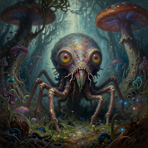 Digital fantasy artwork of a grotesque, spider-like creature with large, glowing eyes, colorful, textured skin, and multiple legs in a dark, mystical