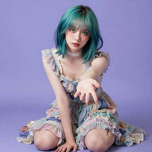 Kneeling Teal-Bob Woman in Lavender