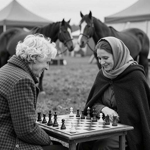 Outdoor Chess Match in Black and White